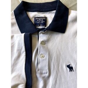 Abercrombie & Fitch Mens XL White Navy Blue Moose Logo Pique Short Sleeve Polo